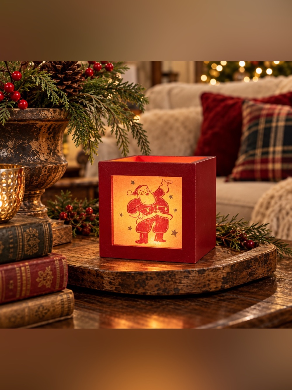 Red Nostalgic Santa Clause Holiday Decor Open Top Box Lamp 4.75” square